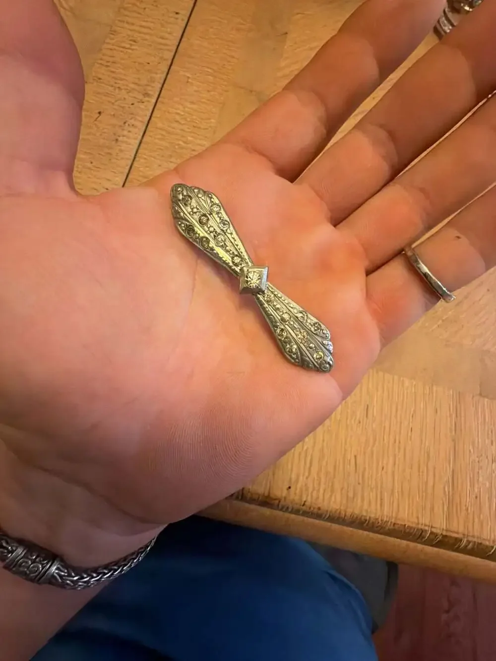 Vintage Art Deco Silver Tone Filigree Bar Brooch with Paste Stones